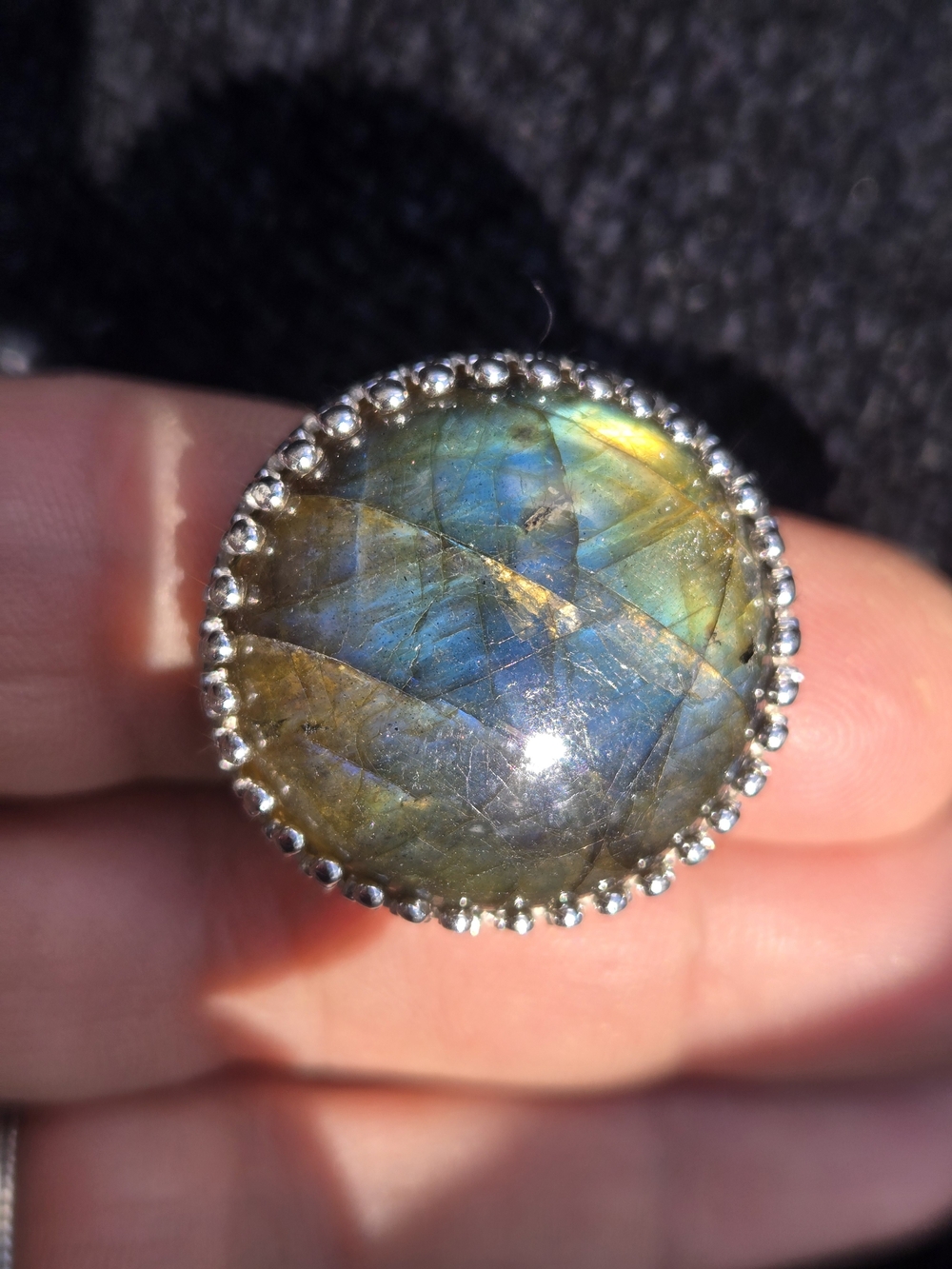 Unisex Round Labradorite Statement Ring in Blue and Gold